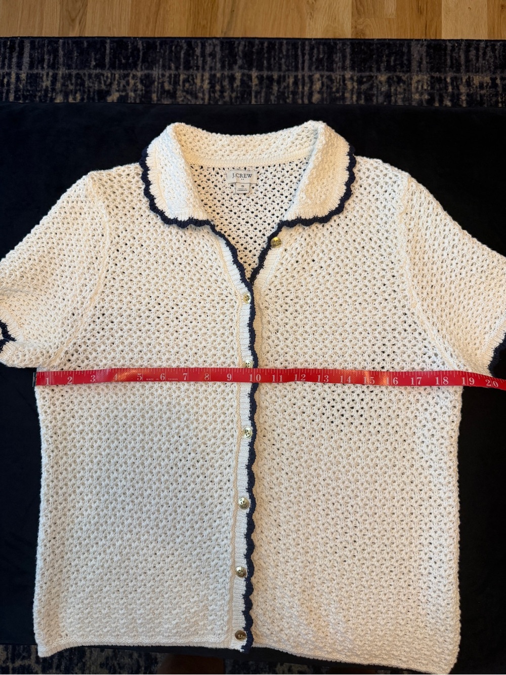J. Crew Cream Short-Sleeve Knit Cardigan with Navy Trim and Gold Buttons - Picture 4 of 5